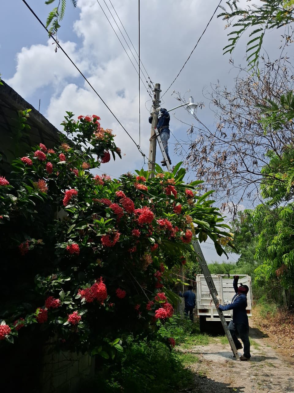 Tehuantepec mejora alumbrado público en Santa Teresa de Jesús