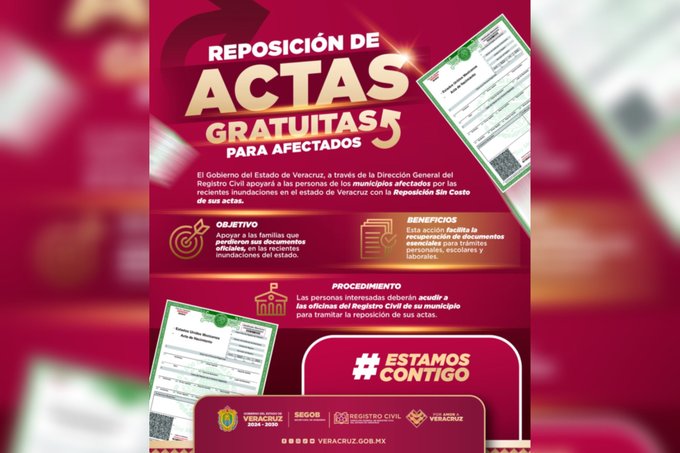 Registro Civil ofrece reposición gratuita de actas de nacimiento a familias afectadas en Veracruz