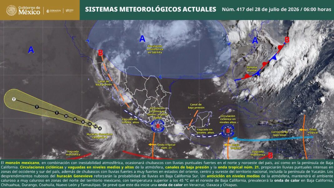 Onda tropical 21 y huracán Genovieve provocarán lluvias y oleaje elevado en Oaxaca