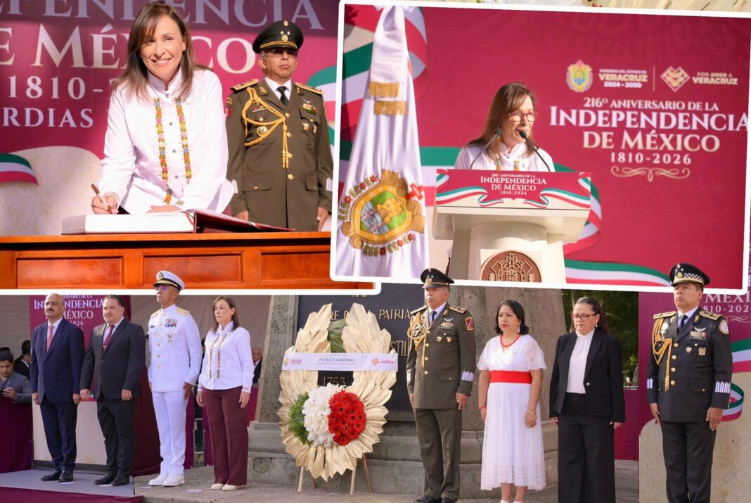 Rocío Nahle en guardia de honor a Miguel Hidalgo