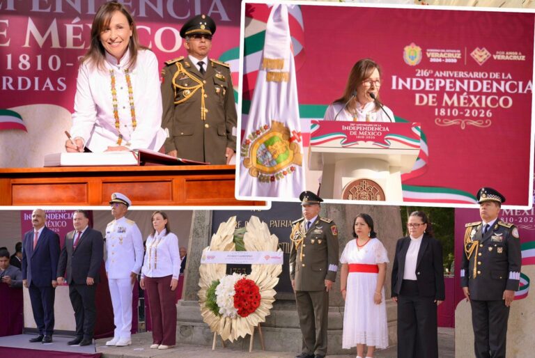 Rocío Nahle en guardia de honor a Miguel Hidalgo