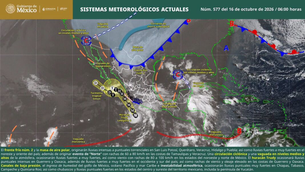 'Trudy' y frente frío golpean a Oaxaca con lluvias intensas, vientos de 80 km/h y bajas temperaturas