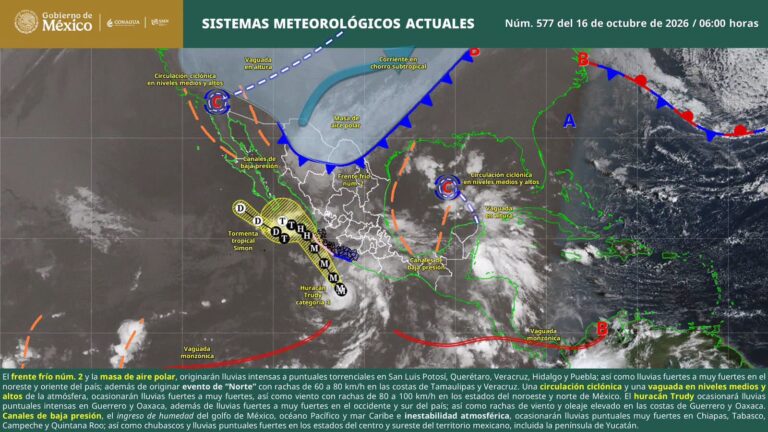 'Trudy' y frente frío golpean a Oaxaca con lluvias intensas, vientos de 80 km/h y bajas temperaturas